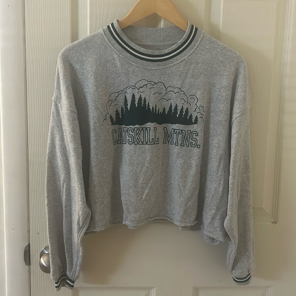 Grey/Green American Eagle Cropped Crewneck